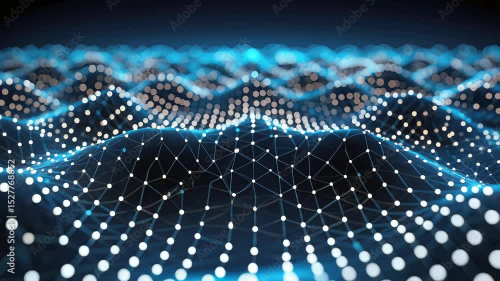 Poster abstract digital landscape of glowing blue particles oscillating on a dynamic grid of connected line