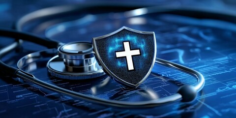 A Strong Symbol of Patient Confidentiality Protection White Medical Cross on Shield Icon for Safety