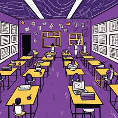 Empty Colorful Classroom Interior with Desks and Supplies Illustration