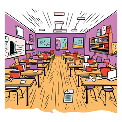 Empty Colorful Classroom Interior with Desks and Supplies Illustration