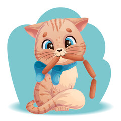 Fototapeta premium Cute contented cat with sausages in his mouth. A charming animal with a bow around its neck. Isolated vector illustration for design, prints and patterns.