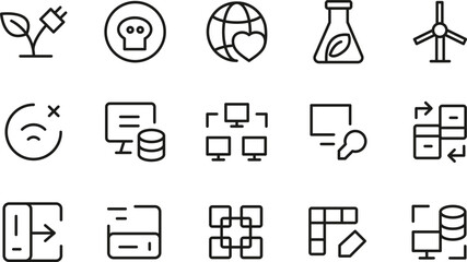 Sustainable Technology Icons Eco-Friendly Energy, Network, Data, and Green Solutions Line Art Graphics for Web and App Design