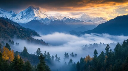 Obraz premium Foggy Himalayan morning with soft light piercing through clouds over forested slopes, no people