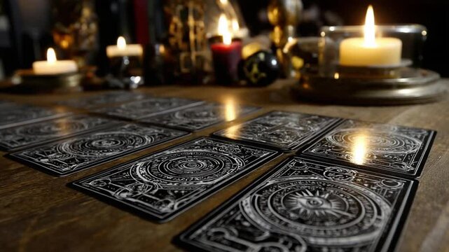 Black and white tarot cards are laid out on a wooden table. Candles provide illumination for this mysterious reading. Find answers to life's questions