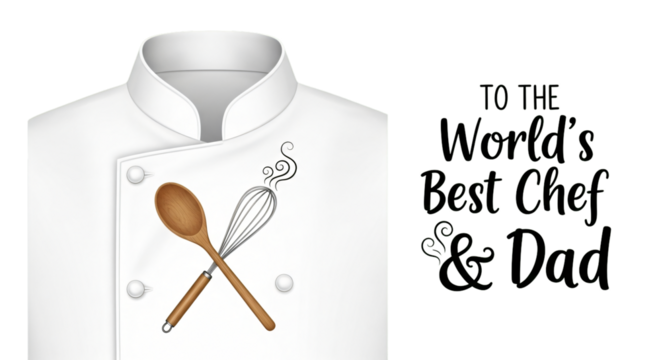 Father's Day tribute for the World's Best Chef & Dad, featuring a professional chef's coat with cooking utensils, ideal for greeting cards, t-shirts, restaurant menus, culinary promotions,