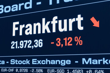 Frankfurt stock index moving down. Falling German share prices, bearmarket, reduction, investment, business, crash, loss, crisis, stock market data. 3D illustration