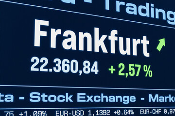 Frankfurt stock index moving up. Rising German share prices, bull market, growth, investment, business, profit, stock market data. 3D illustration
