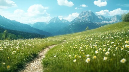 Grassy meadow trail in the Dolomites surrounded by wildflowers and distant mountain peaks, untouched nature, no people