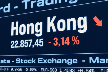 Fototapeta premium Hong Kong stock index moving down. Falling Chinese share prices, bearmarket, reduction, investment, business, crash, loss, crisis, stock market data. 3D illustration