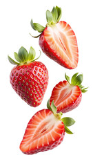 flying strawberries fruit and half slices isolated on transparent white background png, clipping path
