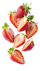flying strawberries fruit and half slices isolated on transparent white background png, clipping path