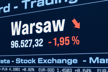 Warsaw stock index moving down. Falling Polish share prices, bearmarket, reduction, investment, business, crash, loss, crisis, stock market data. 3D illustration