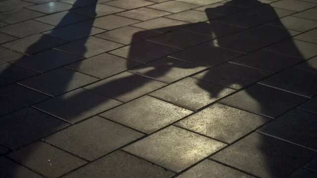 Shadows of two people man and woman make suspicious deal in street. Fraud and corruption in business world. White collar shady illegal money transaction and bribery. Payment for dark dirty secret work