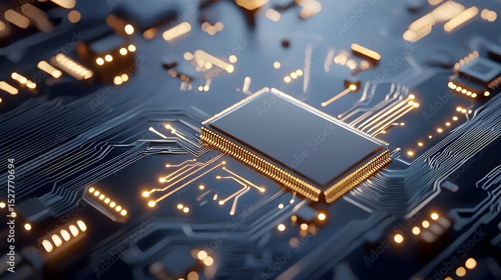 Poster a close-up view of a microchip on a circuit board, illuminated by soft lights, showcasing intricate 