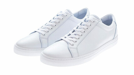 A pair of white leather sneakers sit angled on a white background with soft lighting and clean, minimalist design details throughout