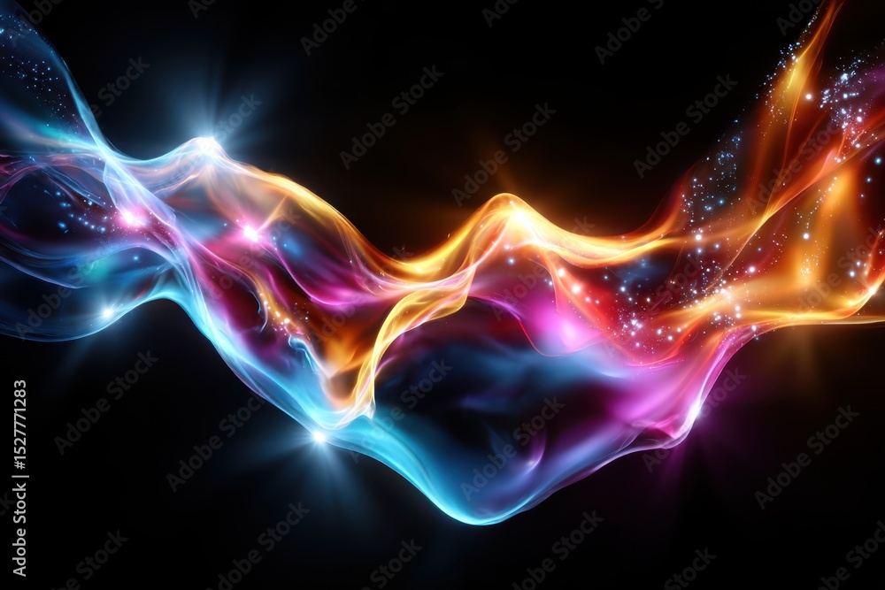 Poster colorful abstract wave of light with glowing particles and fluid movement in black background
