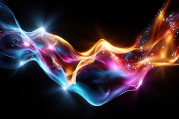 Colorful abstract wave of light with glowing particles and fluid movement in black background