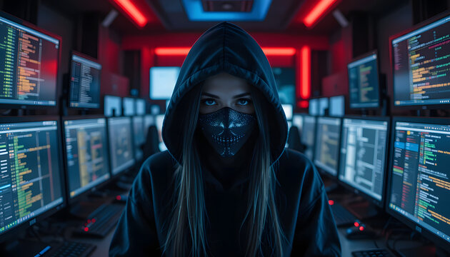 anonymous woman hacker wearing hoodie and wearing scary mask with blurred data network background. Cybercrime theme. Digital network. Cyber hacking. Technology