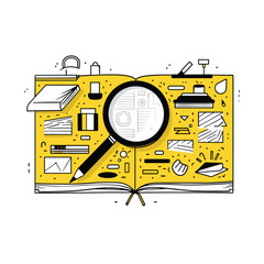 Magnifying Glass on Open Book with Stationery Illustration