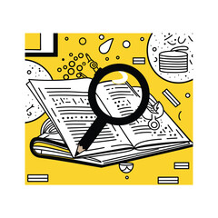 Magnifying Glass on Open Book with Stationery Illustration