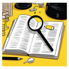 Magnifying Glass on Open Book with Stationery Illustration