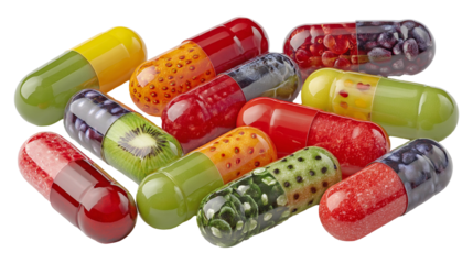 Colorful assortment of fruit-themed capsules arranged creatively on a light background showcasing various textures and vibrant designs