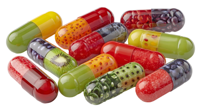 Colorful assortment of fruit-themed capsules arranged creatively on a light background showcasing various textures and vibrant designs