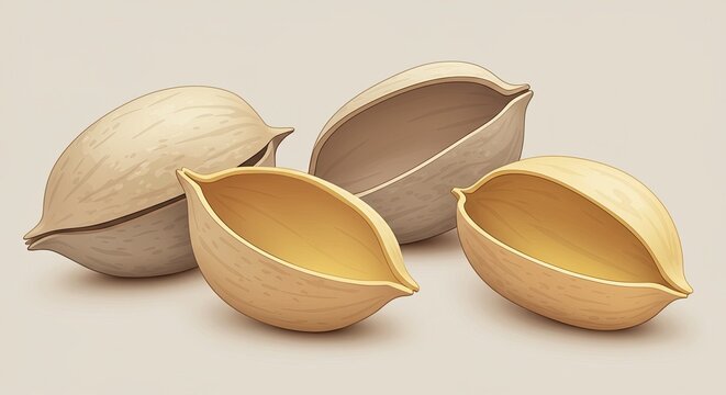 Realistic illustration of empty walnut shells, natural brown nutshells, isolated on light background, healthy food art