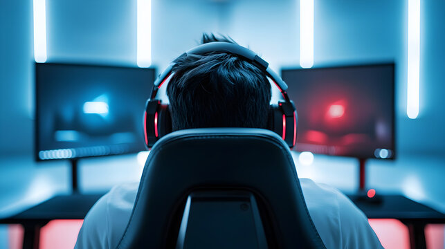 A gamer immersed in a digital experience, wearing headphones, seated before dual monitors illuminated in blue and red hues.