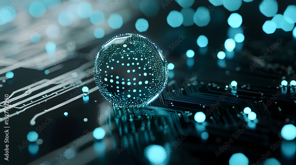 Poster a close-up view of a glowing sphere on a circuit board, surrounded by vibrant blue particles, showca