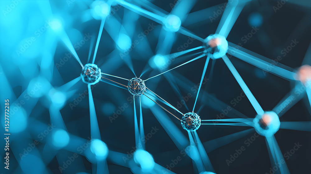 Poster abstract representation of interconnected nodes and molecules in a blue and teal color palette, sugg