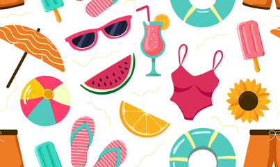 Seamless summer template with beach elements. Glasses, swimsuit, ball, umbrella, ice cream, cocktail, balon and flip-flops. Vector summer design for textiles, packaging