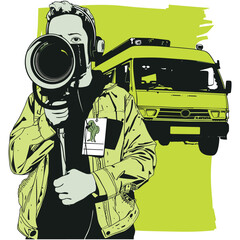 Illustration of Cameraman Filming with News Van in Background