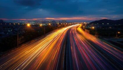 Highway at twilight, city lights streak