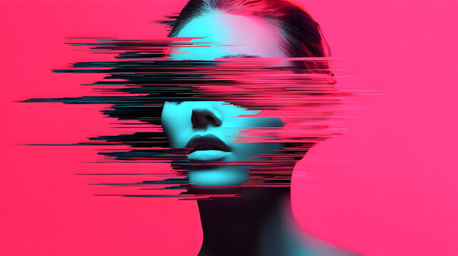 A vibrant, abstract portrayal of a woman's face with digital distortion effects, blending shades of blue and pink.