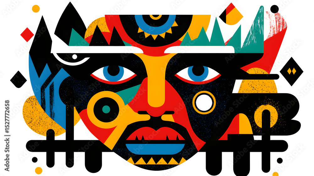 Poster geometric abstraction: a vibrant and dynamic geometric face composed of bold shapes and striking col