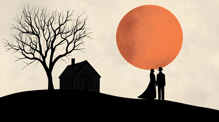 Silhouette Serenade: A serene silhouette illustration features a couple near a house under a large sun, evoking a sense of peace and togetherness.