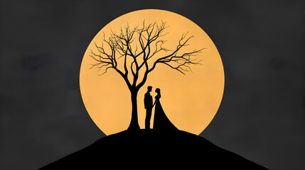 Romantic Moonlit Silhouette: A couple, silhouetted against a large, luminous moon, stands embraced under a bare tree on a dark, gentle hill, evoking a sense of love, romance.