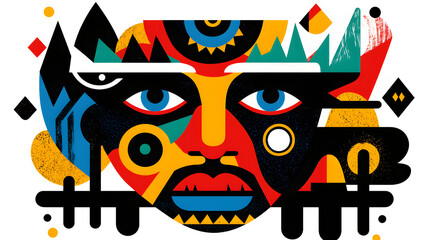 Geometric Abstraction: A vibrant and dynamic geometric face composed of bold shapes and striking colors, evoking a sense of modern artistry and cultural expression.