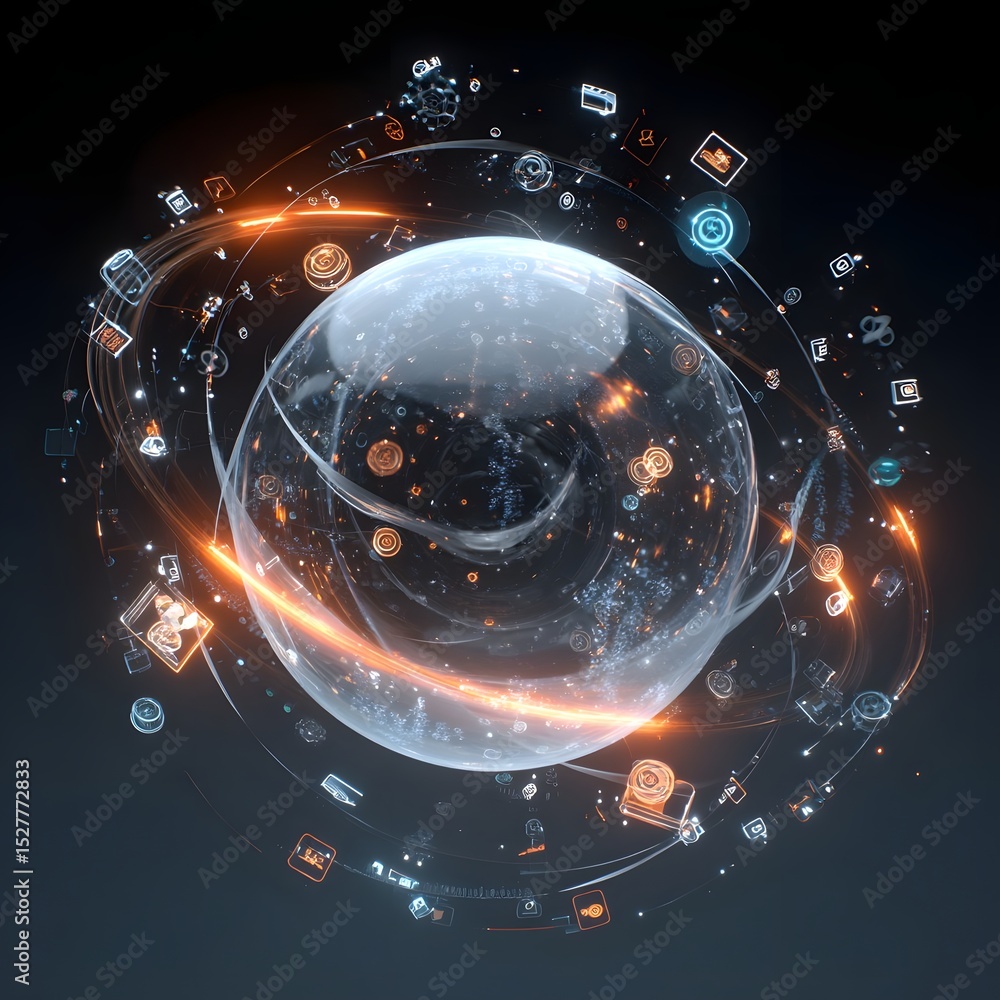 Poster abstract representation of a digital sphere surrounded by glowing icons symbolizing technology and i