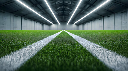 Indoor Soccer Field: Perspective view of an empty indoor soccer field with vibrant green turf, flanked by bright, modern overhead lighting. The stark white lines provide a striking contrast.