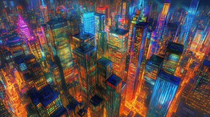 Obraz premium A cyber technology city featuring sleek metallic skyscrapers and neon-lit streets