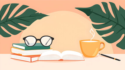 Serene Reading Nook: A captivating illustration of a reading nook setup, featuring open book, spectacles, a warm mug of beverage, books.