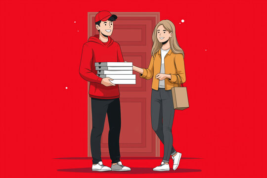 Pizza delivery service illustration featuring a happy customer receiving a stack of pizza boxes from a friendly delivery person.