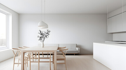 Serene Modern Interior: A minimalist interior with clean lines and a bright, airy atmosphere, featuring a dining table, a sleek sofa, and a modern kitchen with stylish lighting. 