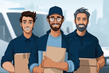 Happy delivery team holding packages ready for transport smiling customer service efficient shipping workers