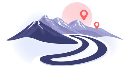 Mountain Road Trip: A winding road snakes through a majestic mountain range in a scenic vector illustration, leading to distant destination under the sun.