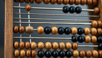 Close-up of antique wooden abacus, light brown and black beads, mathematical tool, wood, mathematics