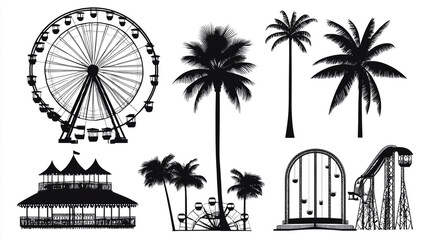 Ferris wheel, palm trees, and beach icon set on a white background, vector illustration, logo design. Set of silhouette Ferris carousel amusement park elements for a fairground, travel, or theme park