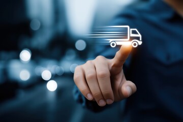 Fast Delivery Service Digital Technology Concept Featuring Hand Touching Truck Icon for Efficient Transportation and Logistics Solutions